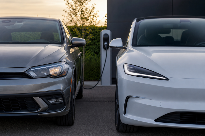 Carro convencional e veículo elétrico estacionados lado a lado em área externa